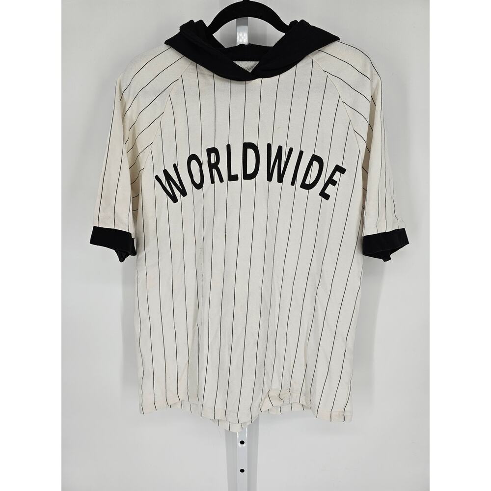 World Wide Men's Short Sleeve White Striped Hooded Top Size XL